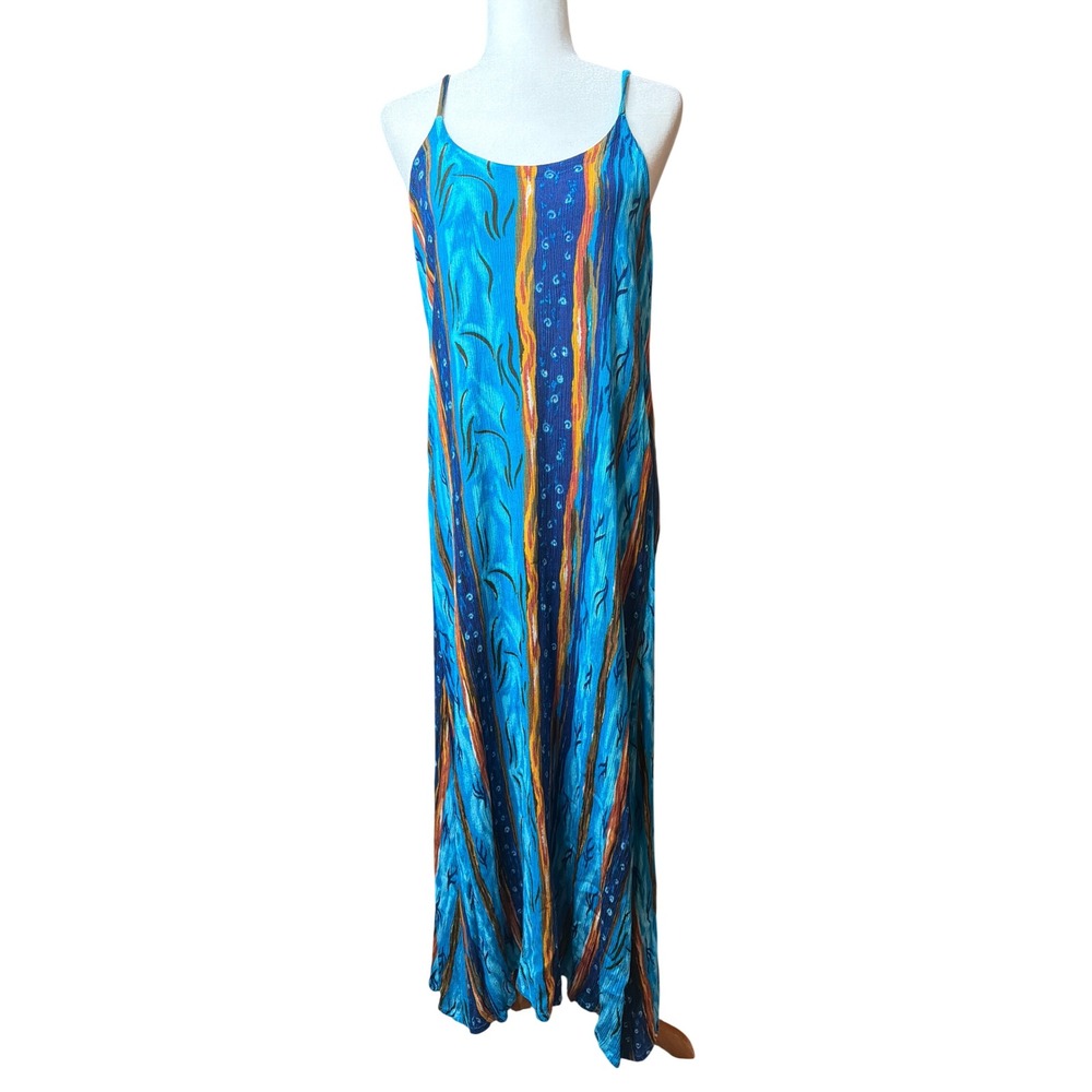 Mandy Maxi Dress Womens XL Blue Abstract Striped Spaghetti Strap Rayon Indonesia
